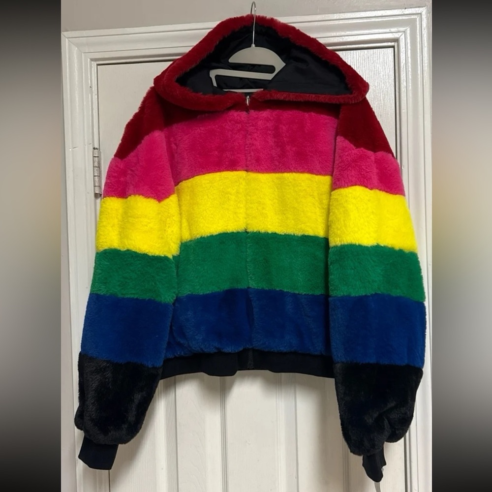 NWT New York & Company Rainbow Reversible Hooded Faux-Fur Jacket - Picture 3 of 12